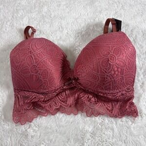 Fredericks Of Hollywood Floral Lace Padded Longline Bra Dusty Rose Mauve Large